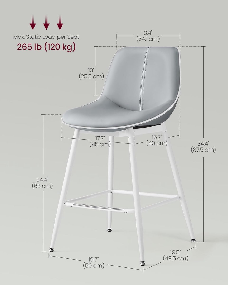 Vasagle 2x barkruk - set van 2 - zithoogte 62 cm hoog - met rugleuning - wit met grijs