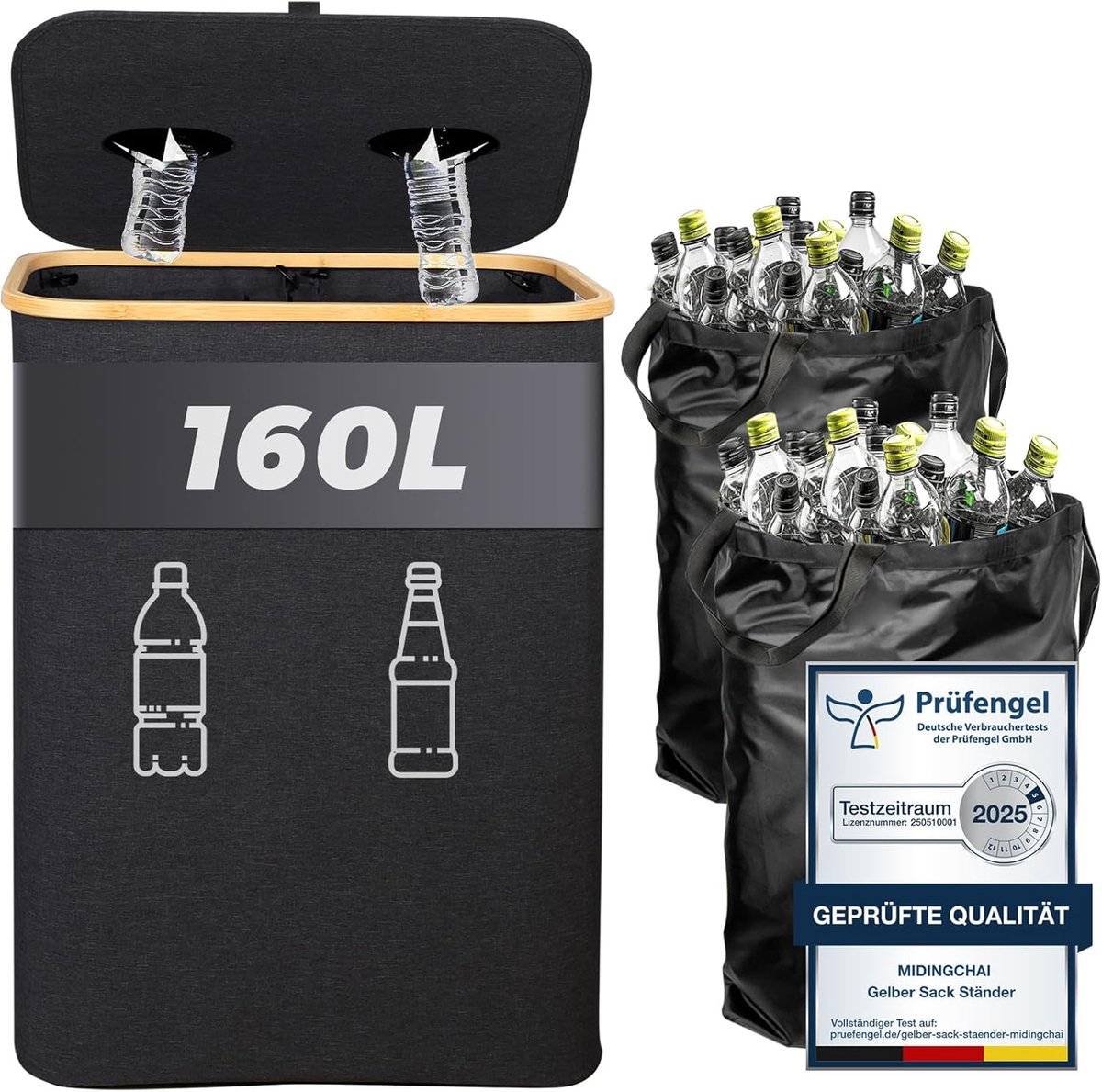160L Shopping Bottles - Collecting Container - 2 Compartments - Deposit Container - Empty and Old Glass Storage with Hole - Inclusief 2 XXL Carry Bag - Vouwbare Afvalbak met Deksel voor Keuken en Tuin