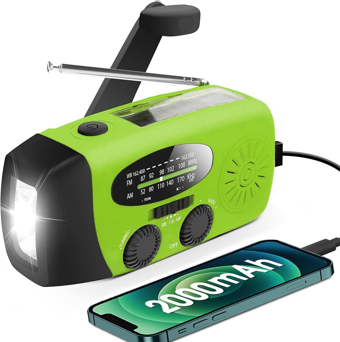 Noodradio met handzwengel en LED-zaklamp – AM/FM weerwaarschuwing radio – 2000 mAh powerbank – Zonne-energie & USB-oplaadbaar – Compacte draagbare noodradio voor kamperen, noodsituaties & stroomuitval – Multifunctionele weer radio – Groen