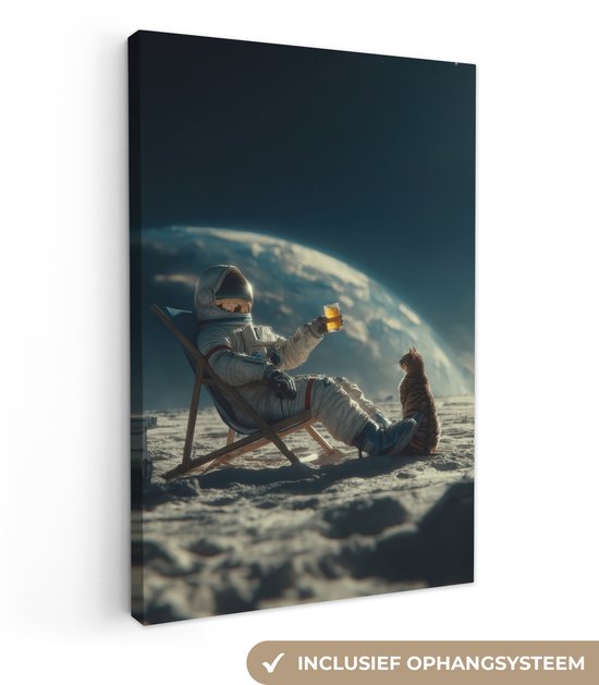Canvas schilderij 90x140 cm - Exclusieve wanddecoratie Astronaut - Kat - Glas - Stoel - Muurdecoratie woonkamer - Slaapkamer decoratie - Kamer accessoires - Schilderijen op canvas
