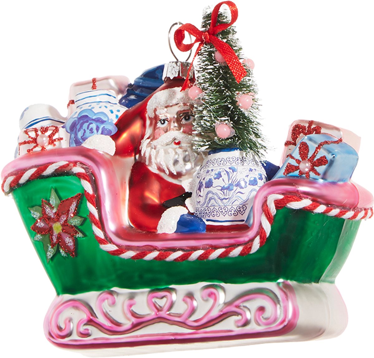 Viv! Christmas Kerstornament - Chinoiserie Slee met Kerstman en Cadeaus - glas - groen roze rood - 11cm