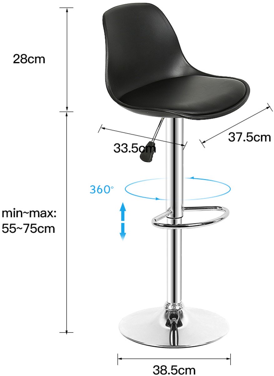 PIPIPOXER Set van 2 barkrukken,Barstoel in hoogte verstelbaar, 360° draaibaar, kunstleer, zwart