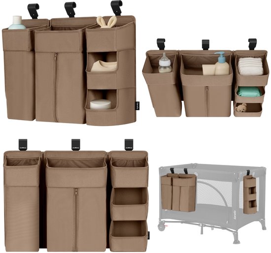 Lionelo Sidepocket Large – Organisateur de lit bébé 58×11×58 cm, design modulaire 3 pièces avec poche zippée, pour lit parapluie, cododo ou parc, renforcé, amovible et multifonction, idéal pour couches, lingettes et accessoires