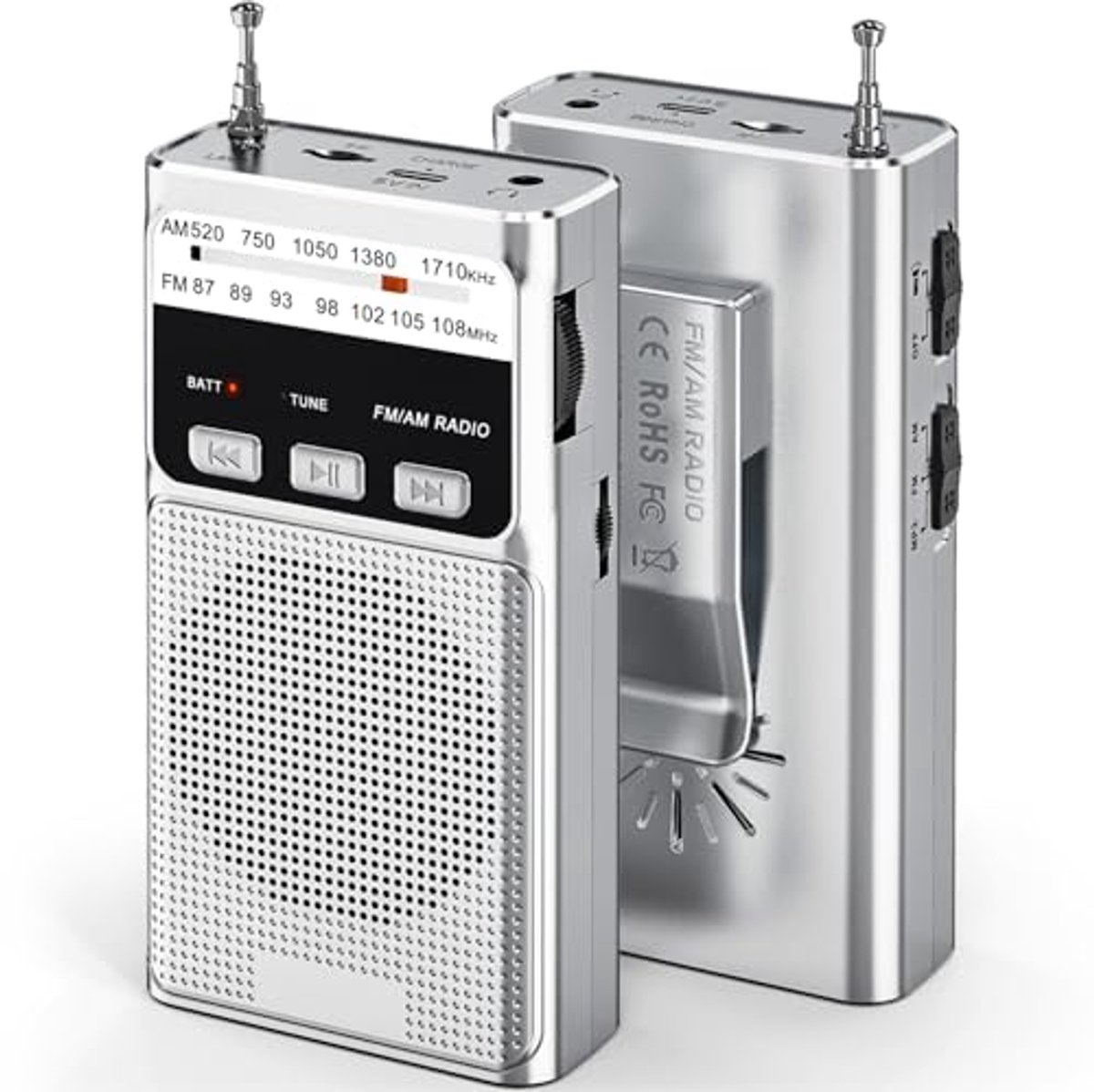 Draagbare AM/FM-radio met oplaadbare batterij en uitstekende geluidskwaliteit - zilver