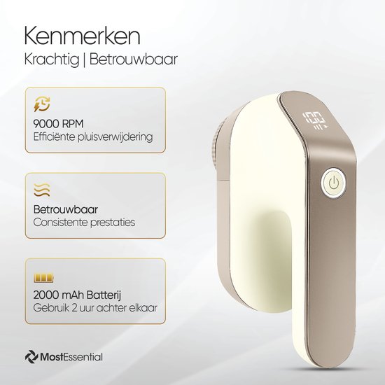 Beige pluizenverwijderaar met digitaal display, 9000 RPM, 2000 mAh batterij.