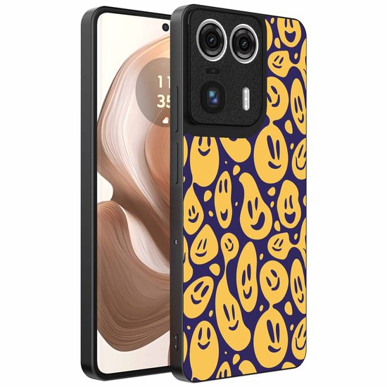 Coque de téléphone compatible avec le Motorola Edge 50 Ultra, ornée d'un motif smiley - Coque arrière en TPU avec emoji - Violet et jaune - Smartphonica compatible avec le Motorola Edge 50 Ultra