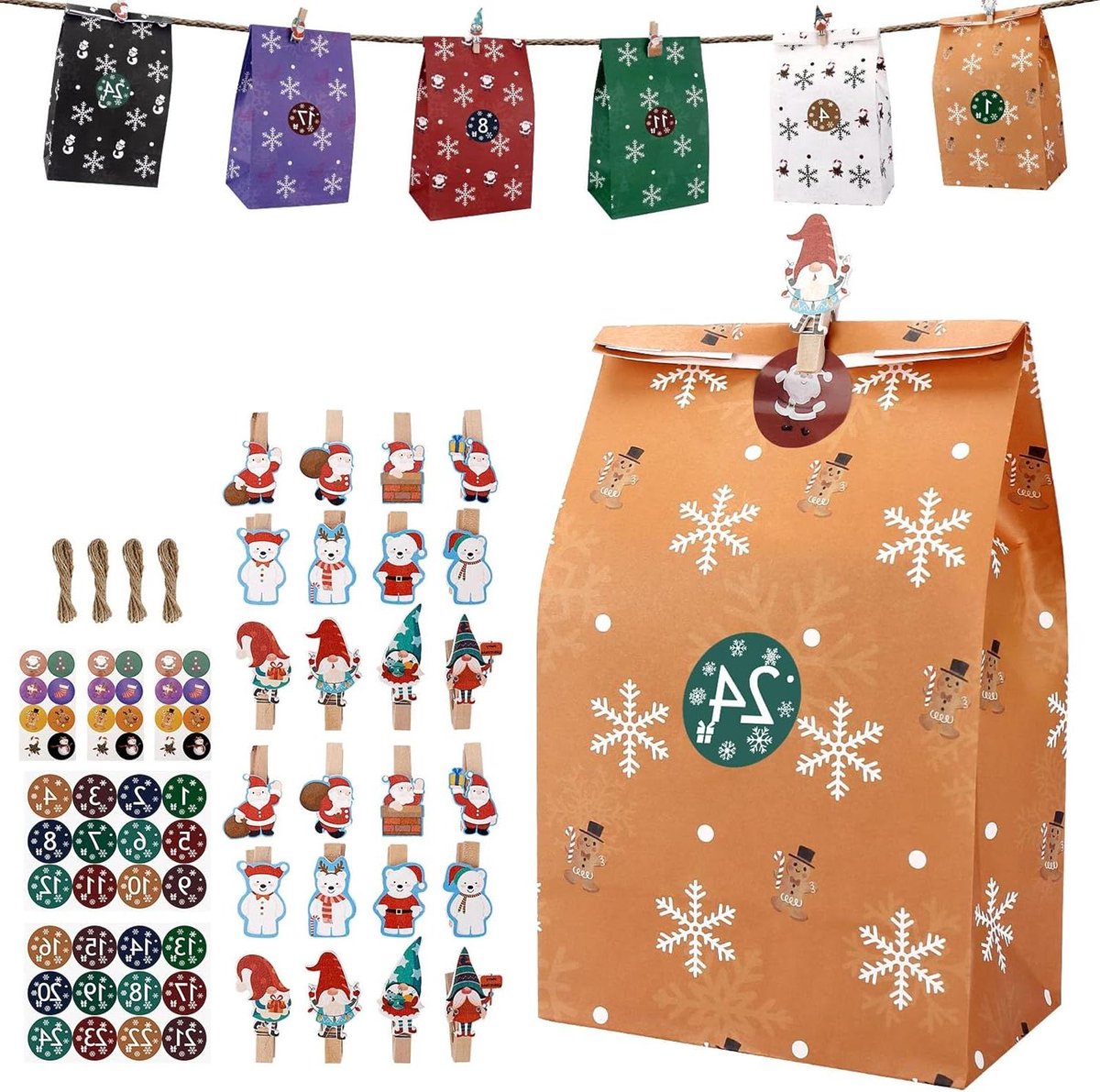 Zakjes met stickers voor adventskalender - kerstthema - kraftpapier - doe-het-zelf.