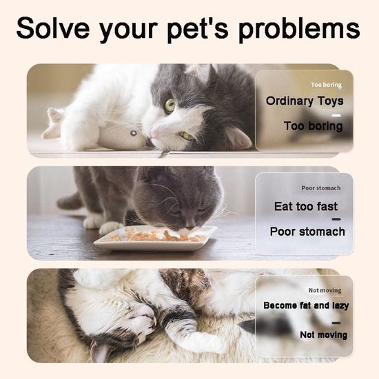 Grijze en witte kat kijkt naar een muizenspeeltje, bruine kat eet uit een bakje, gestreepte kat ligt op zijn rug.