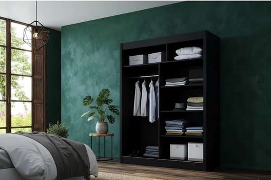 P3 150 Cm Zwarte Schuifdeurkast Met Spiegel 150x200x58 Cm - Ruime Kledingkast Slaapkamer