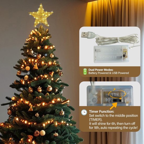 Gouden ster piek met 20 LED lampjes, met dual power opties (batterij/USB) en timerfunctie.