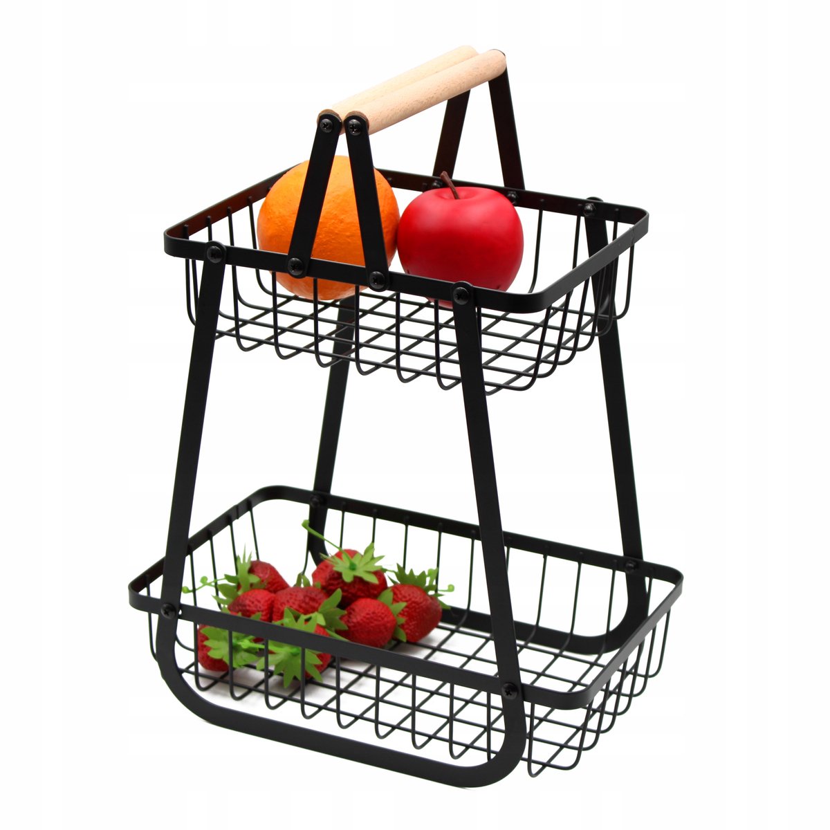 2-Laags Metalen Fruitmand Zwart met Houten Handvat
