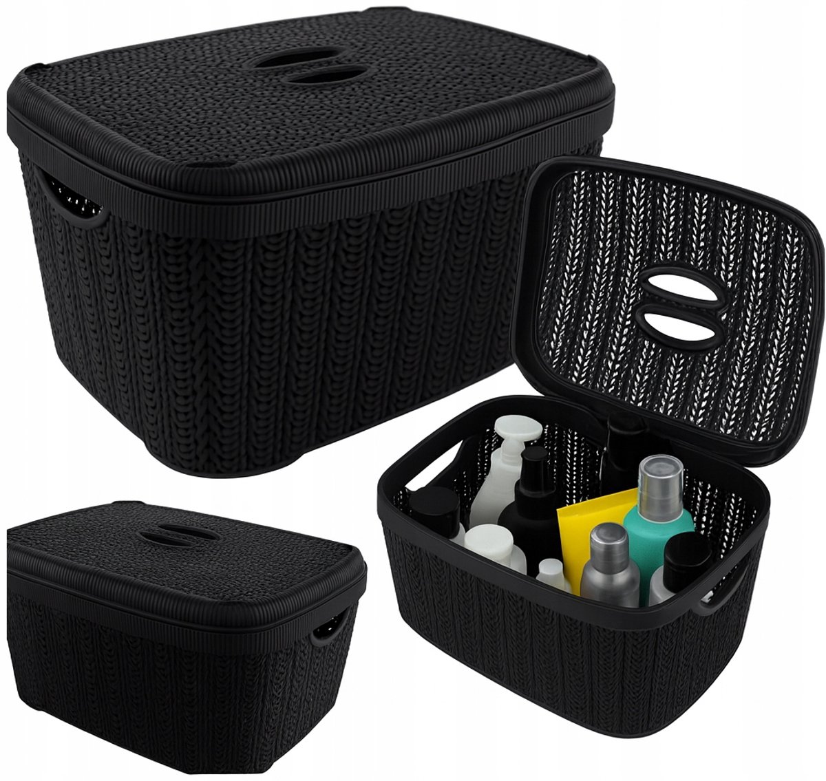 KNIT Opbergmand 12L Zwart Met Deksel - Organizer Huis & Badkamer