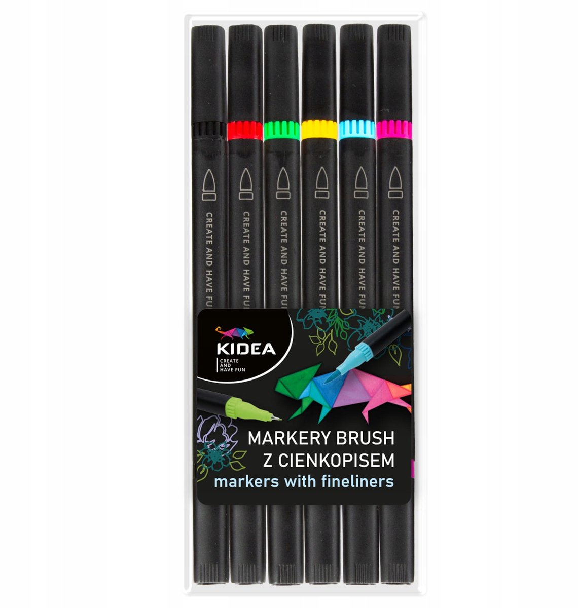 Kidea Brush Markers met Fineliner - 6 levendige kleuren
