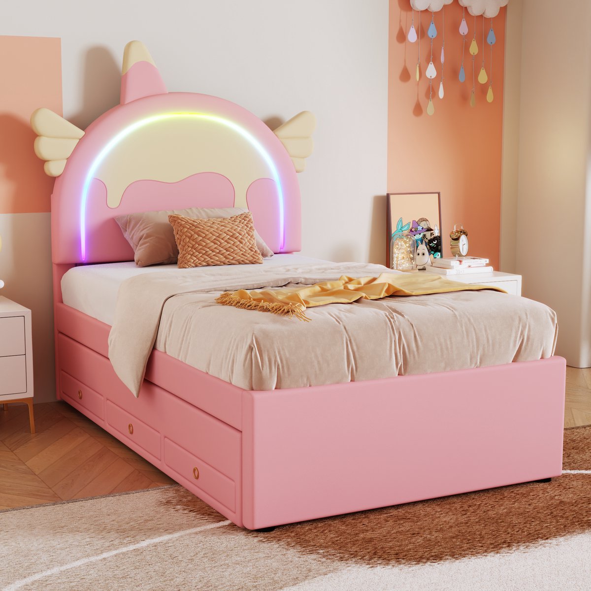 HAUSS SPOLE Peuterbed 90x200 - Kinderbed Eenpersoonsbed met Uitrolbed en 3-in-1 Lade, Eenhoorn Hoofdbord - PU - Roze — cadeau in Cadeau-ideeën - foto 8