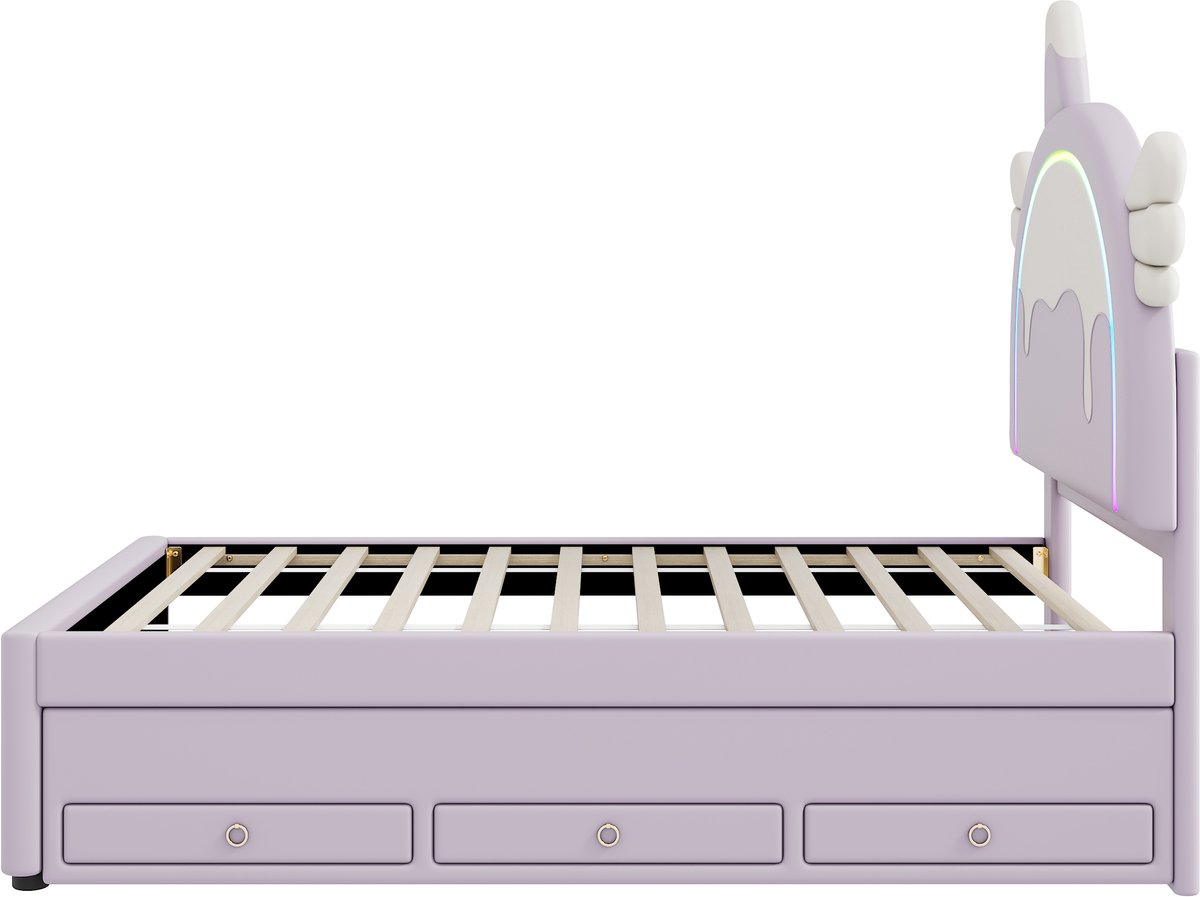 HAUSS SPOLE Peuterbed 90x200 - Kinderbed Eenpersoonsbed met Uitrolbed en 3-in-1 Lade, Eenhoorn Hoofdbord - PU - Lila — cadeau in Cadeau-ideeën - foto 7