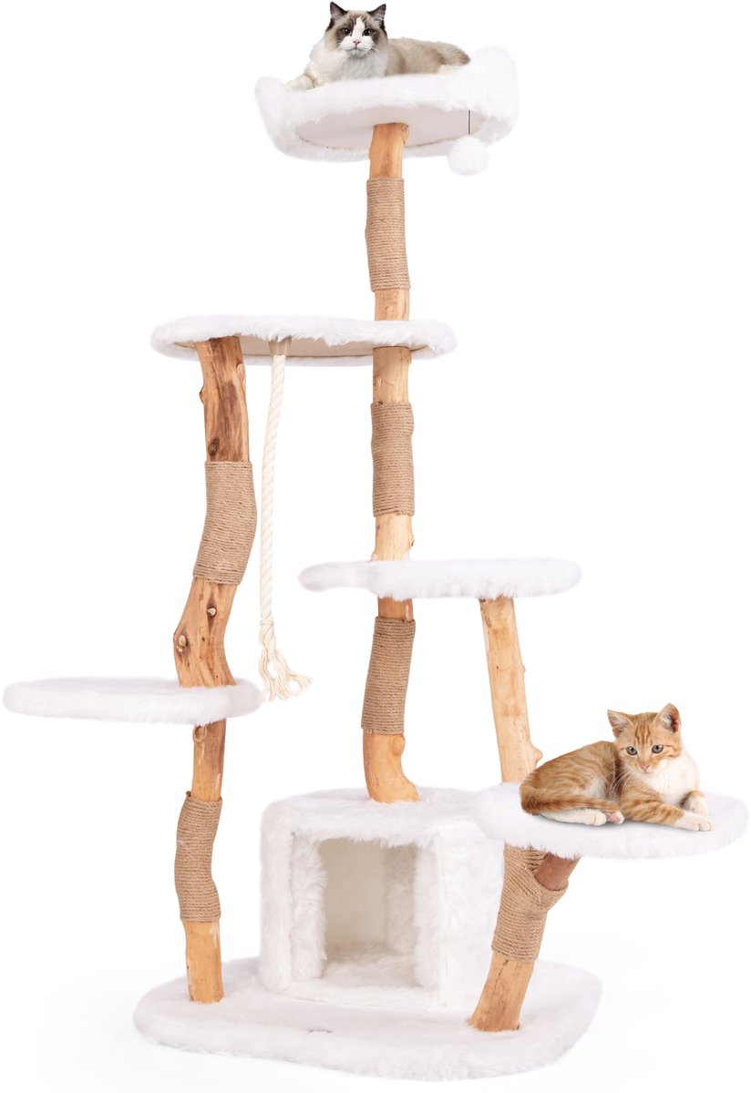 COSTWAY Krabpaal van hout, 168 cm hoog, kattenboom met platforms, kattenhol, krabzuilen van jute, sisaltouw, bal en zacht pluche, kattenkrabpaal, kattenmeubel voor katten, wit