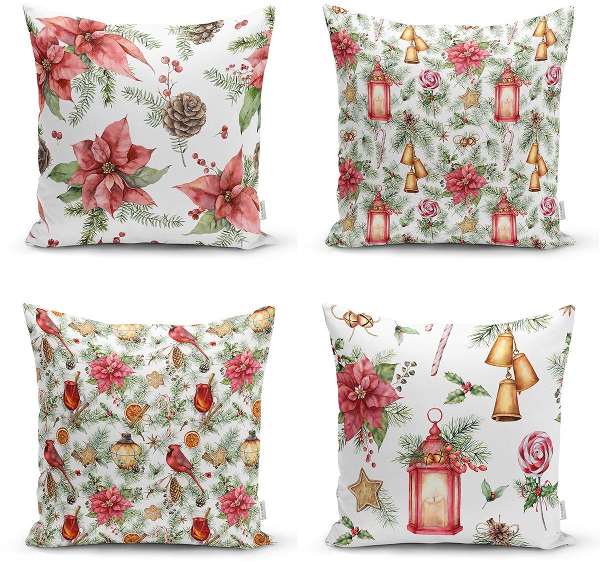 De Groen Home Velvet Kussenhoes set van 4 stuk - 50x50 - Kussensloop - Kerst bloemen - De Groen Home Wit & Divers