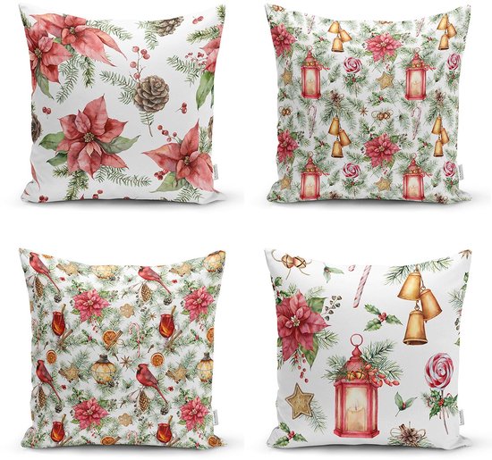 Velvet Kussenhoes set van 4 stuk - 50x50 - Kussensloop - Kerst bloemen - De Groen Home