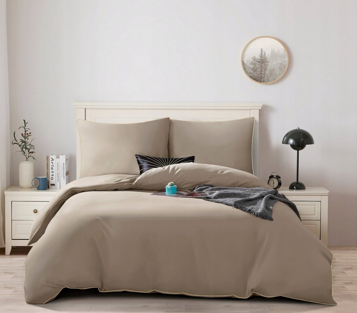 Luxe Katoenen Satijnen Dekbedovertrek Set Beige met Gouden Bies 220x200 cm