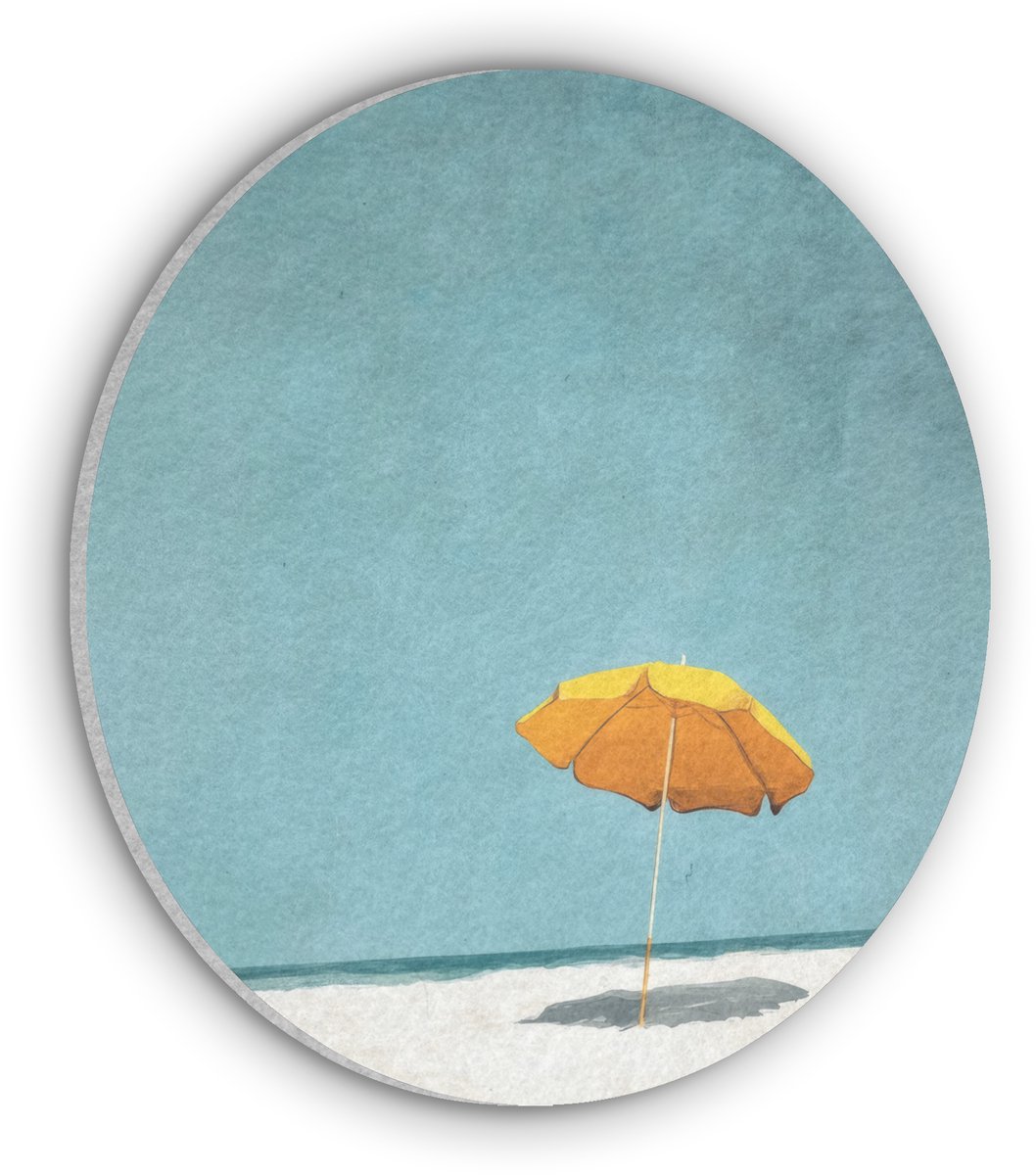 Akoestisch wandpaneel rond 50x50 cm - Vilt schilderij Parasol - Geel - Strand - Zee - Ronde akoestische panelen - Geluidsdempende wanddecoratie - Geluidsisolatie wandcirkel - Muurdecoratie geluidspanelen