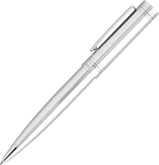 Zilverkleurige pen met '1881' inscriptie, clip en ribbeldetail.
