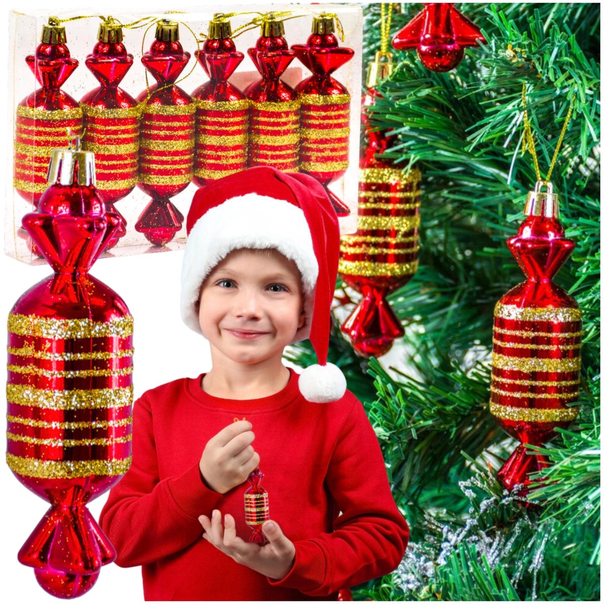 Zolta - Kerstbal Set - Cukierki Thema - Rood en Goud - Set van 6
