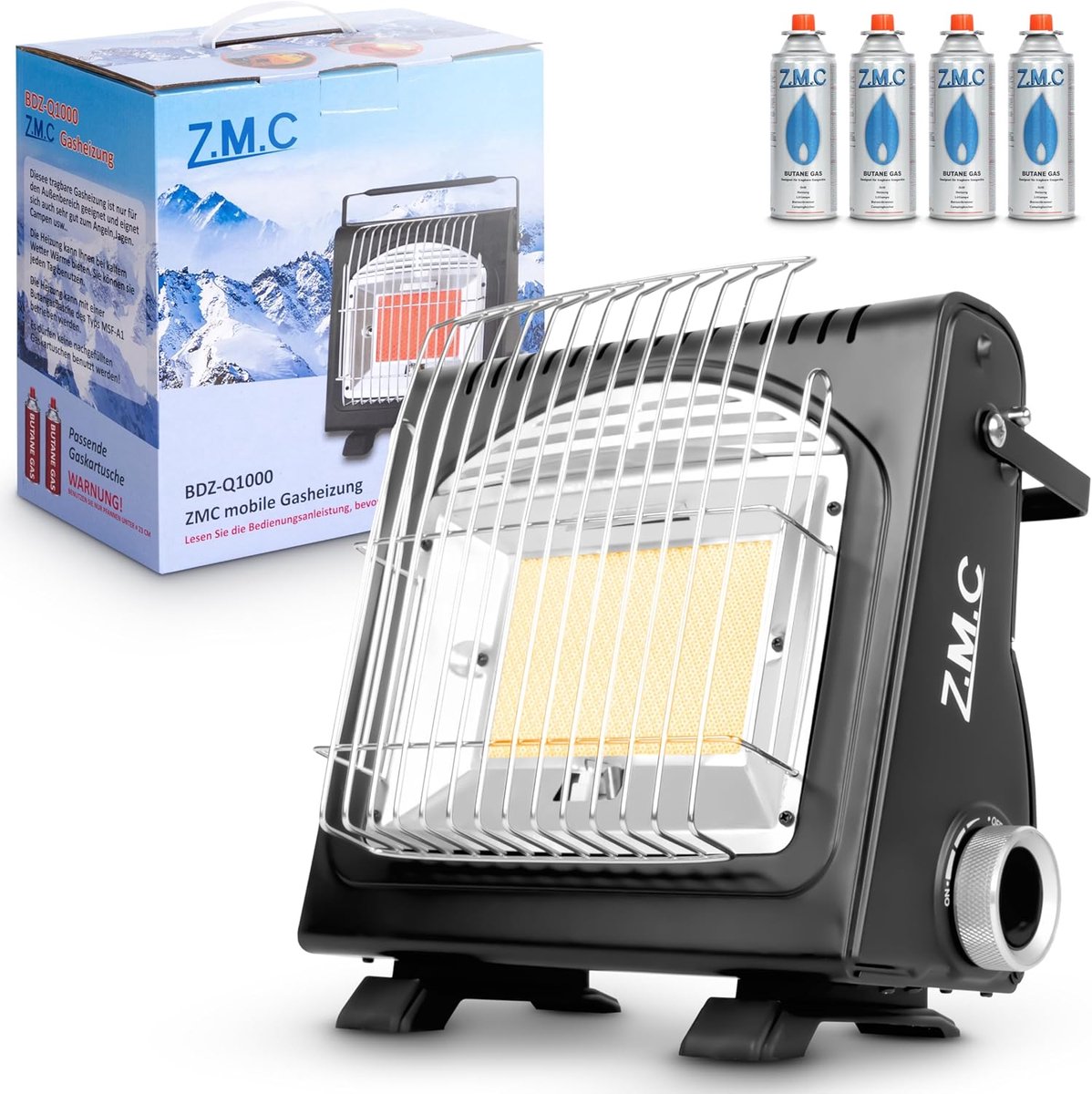 Z.M.C 2-in-1 draagbare gaskachel en gasfornuis + 4 gaspatronen 227 g, keramische campingkachel 1,7 kW, gaskachel voor buiten en terrassen, tuin & balkon, mobiele straalkachel met piëzo-ontsteking