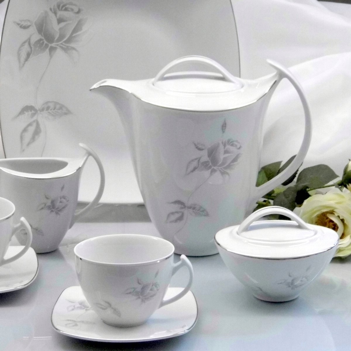 Koffieservies 12 personen 27 delig - Grijs Roze Akcent