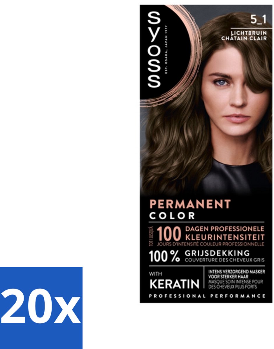 20 x SYOSS - Permanent Coloration 5-1 - Haarverf - Permanente Haarkleuring - Lichtbruin - Grijsdekking - Haarkleuring - Permanente Haarkleuring - Grijsdekking - Keratine - Haarverf