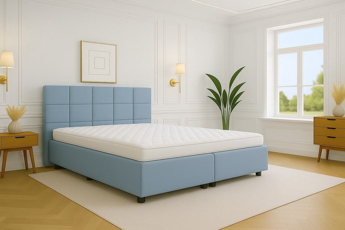 Boxspring Bed met Opbergruimte Modena 140x210 cm Lichtblauw Luxe Pocketvering Matras Stof Gratis 2x Hoofdkussens