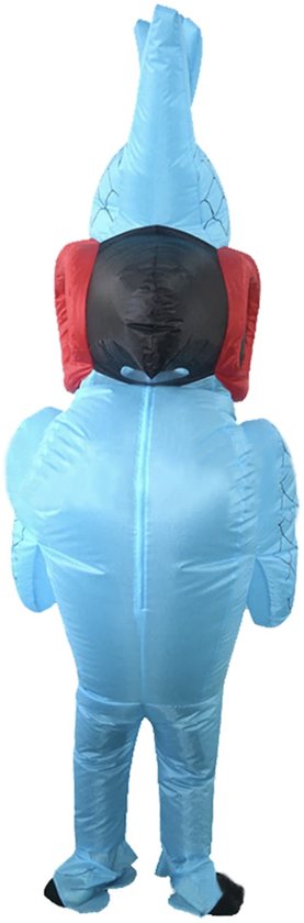 Achterkant van een blauw opblaasbaar paradijsvogelkostuum met een rits op de rug en rode oren.