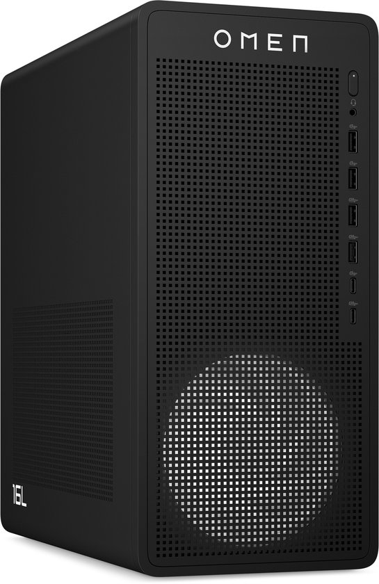 Zwarte OMEN tower met witte OMEN logo, geperforeerde voorkant, USB-poorten en 16L logo aan de zijkant.