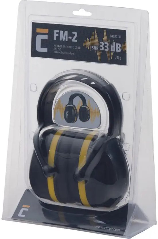 Zwarte en gele gehoorkappen in een doorzichtige verpakking, met "FM-2" en "33 dB" aanduiding.