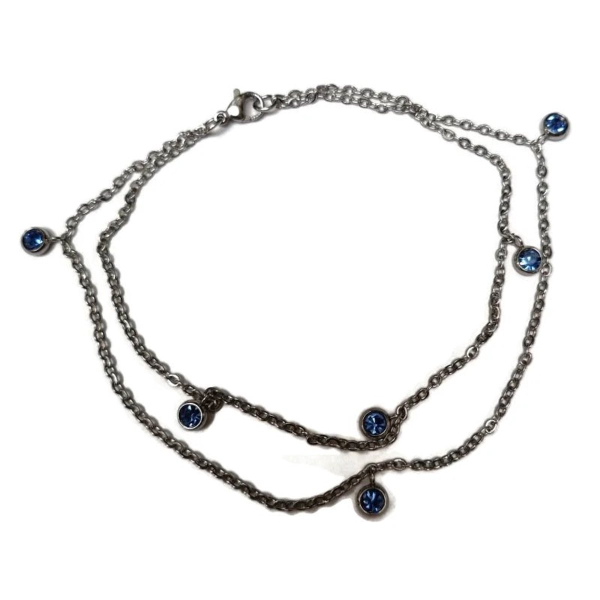 Aramat Jewels | Enkelbandjes | Dubbel Enkelbandje met Zirkonia Steentjes | Blauw | |3mm | Staal | Volwassenen | Verkleurd niet