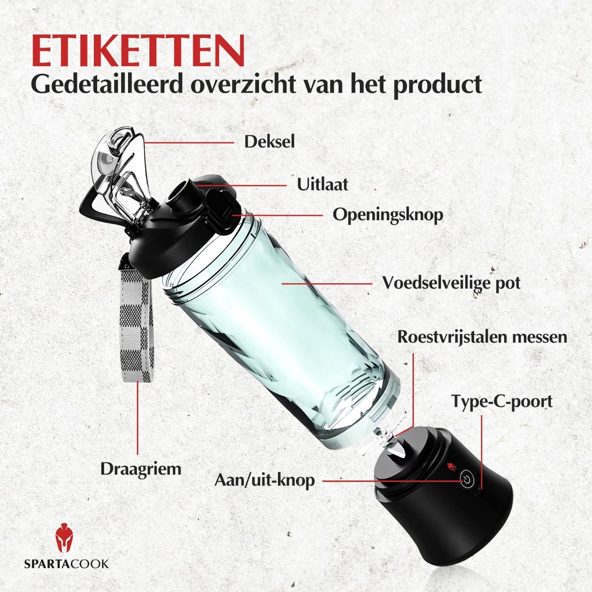 Spartacook Mini Blender 600 ml - Draagbare Blender - USB Oplaadbaar - Voor Smoothies & Shakes – foto 3