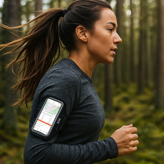 Vrouw met donkere sportshirt en sportarmband met telefoon tijdens het hardlopen.