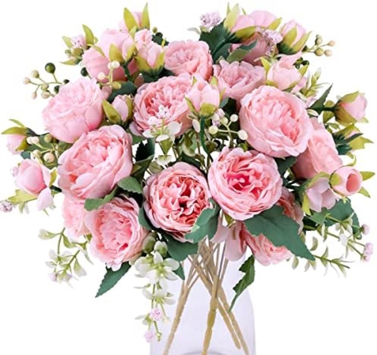 PromoHome Kunstbloemen Pioenrozen Set van 4 Bossen Roze Zijden Bloemen Boeket voor Tafeldecoratie Trouwfeest Home Decor