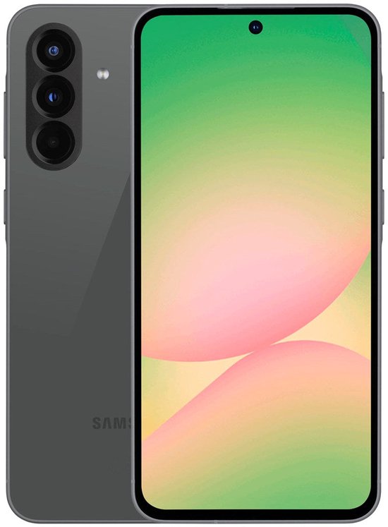 Samsung Galaxy A56 5G gris avec un dos brillant et un écran dégradé.