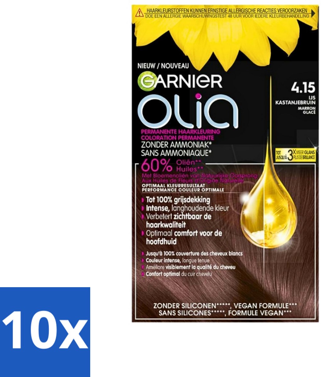 10 x Garnier - Olia 4.15 - Haarkleuring - Kastanje Middenbruin - Zonder Ammoniak - 100% Grijsdekking - Haarkleuring - Kastanje Middenbruin - Permanent Haarverf - Zonder Ammoniak - 100% Grijsdekking