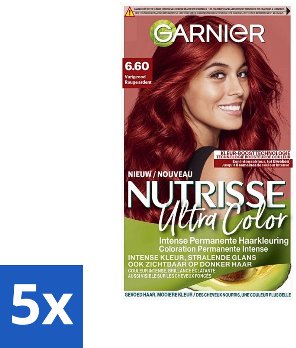 5 x Garnier - Nutrisse Ultra Color 6.60 - Haarkleuring - Vurig Rood - Voedend - Permanente Kleur - Haarverf - Permanent - Rood - Grijsdekking - Voedend