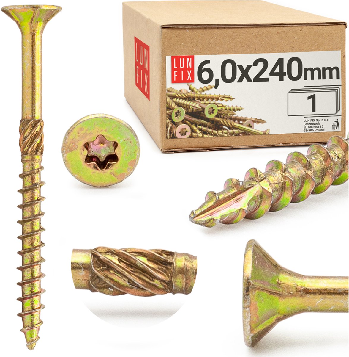 LUN FIX - Spanplattenschroeven 6x240 mm - 1 stuk - TX30 (I-Ster) - Verzinkte kop/Fräsgroeven