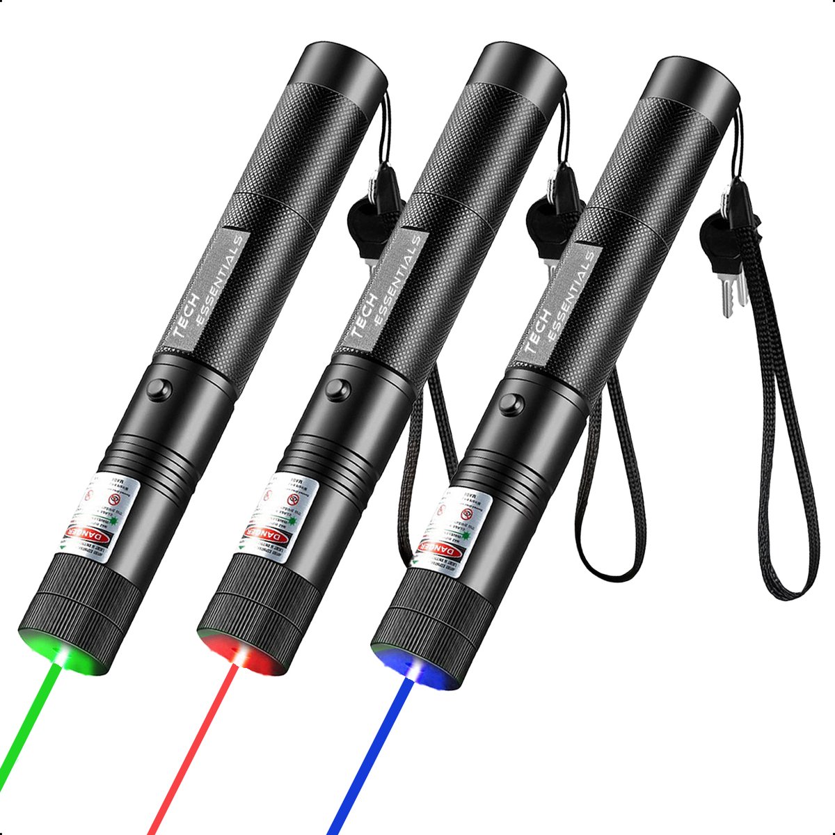 Tech Essentials® Vergrendelbare Laserpen - Groen - Rood - Paars - 3-Pack - Klasse II - Oplaadbaar - Gadget