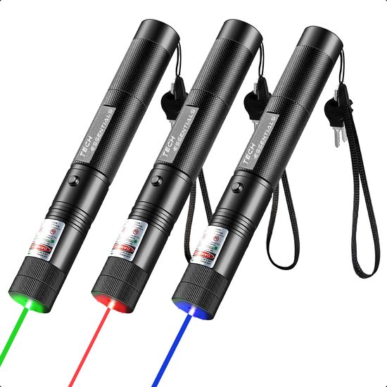 Tech Essentials Vergrendelbare Laserpen - Groen - Rood - Paars - 3-Pack - Klasse II - Oplaadbaar - Gadget