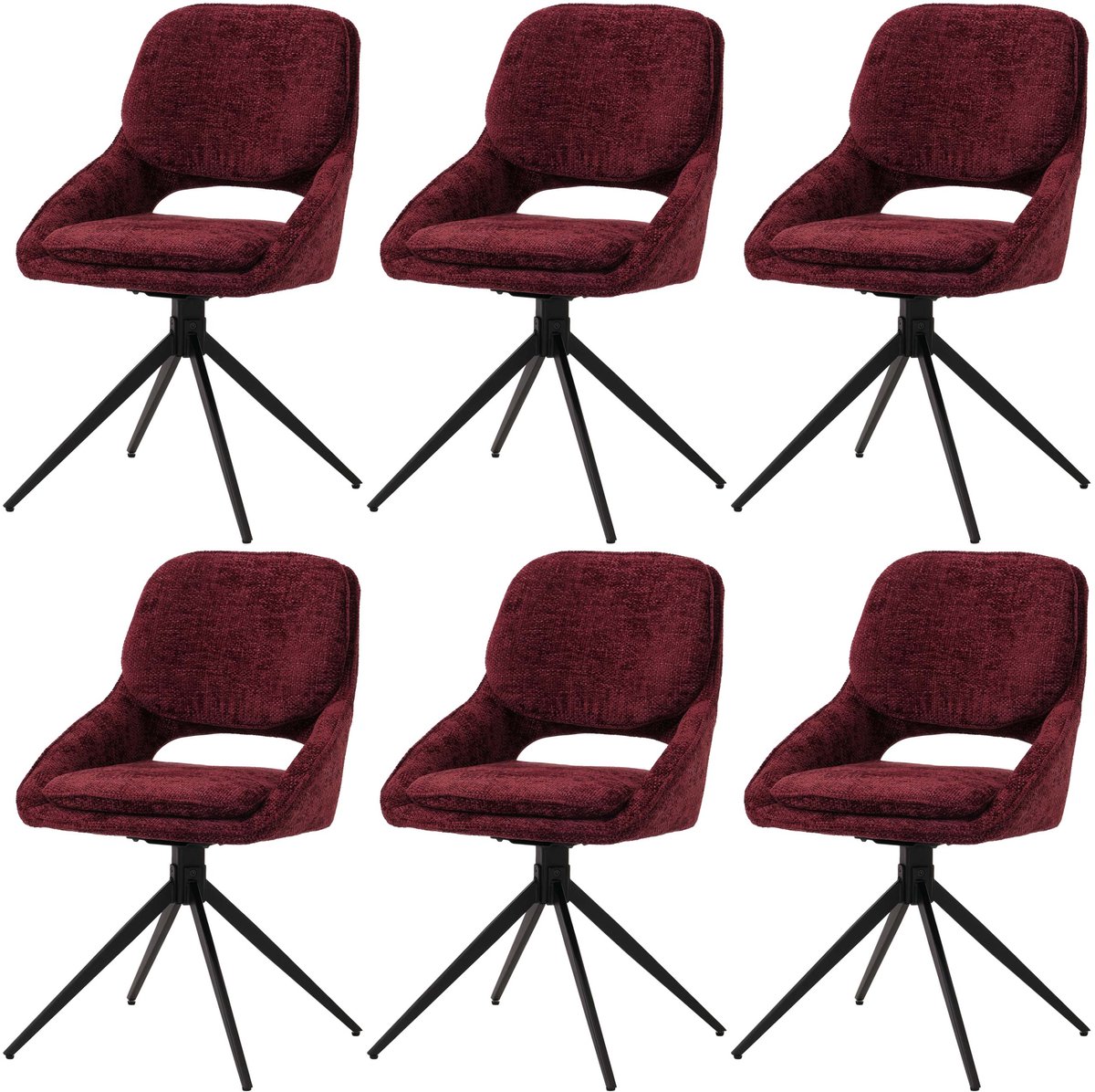 Set van 6 eetkamerstoelen MCW-N73, keukenstoel, draaibaar met terugloop, stof/textiel chenille (490g/m²) Oeko-Tex ~ bordeaux