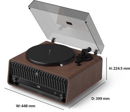 Platenspeler met houten behuizing, zwart front met lamellen en een open glazen kap. Afmetingen W:448mm, D:399mm, H:224.5mm.