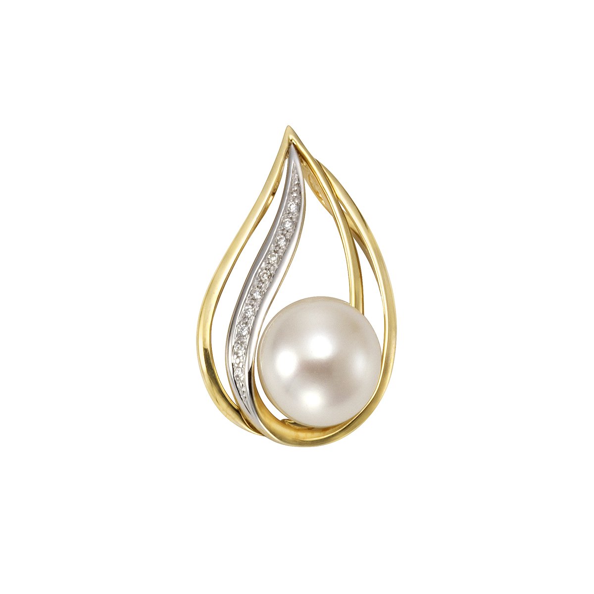 Orolino Anhänger Gold 585 zweifarbig mit weißer Perle 9,5-10mm + 10x Brillant zus. 0,04ct.