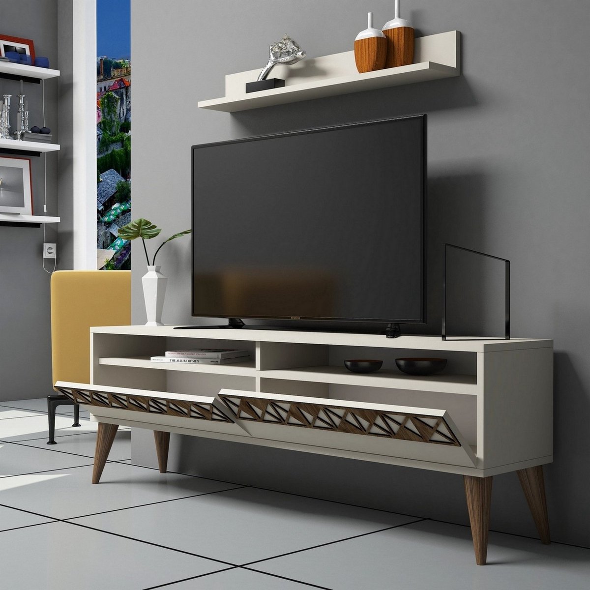 Skye Decor , Tv-meubel, Line - Cream, Gemelamineerde spaanplaat, Crème, 150 x 30 x 50 cm