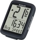 Zwarte Sigma fietscomputer, toont '21.6 KMH' en '16.34 Avg Speed'.
