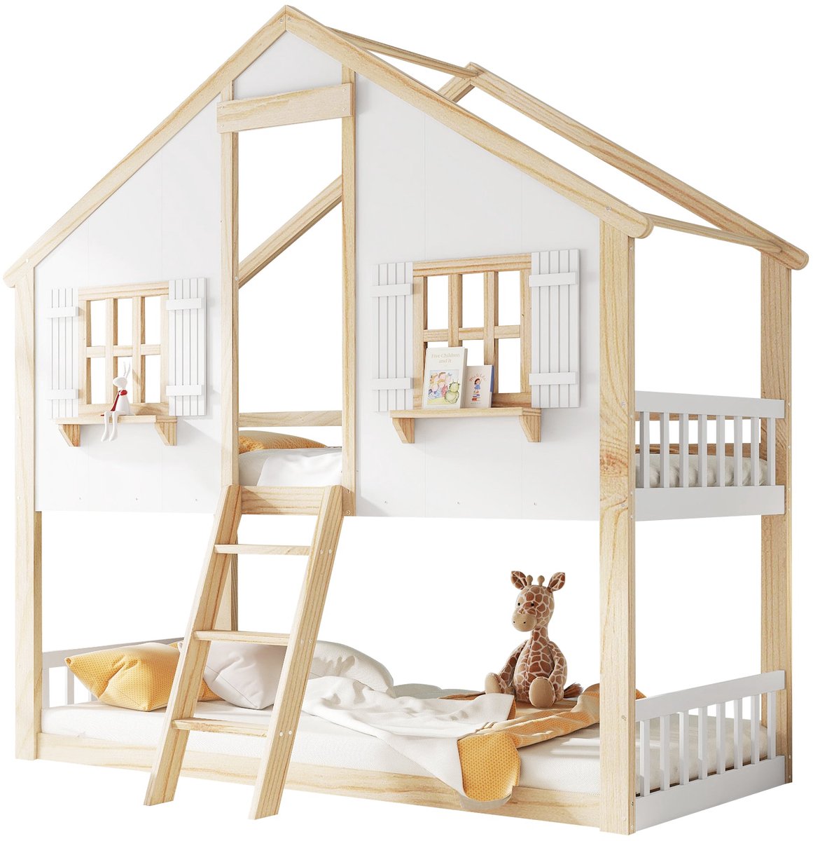Merax Huisvorm Stapelbed Kinderbed 90x200 cm met Uitvalbeveiliging en 2 Lattenbodems - Wit met Bruin
