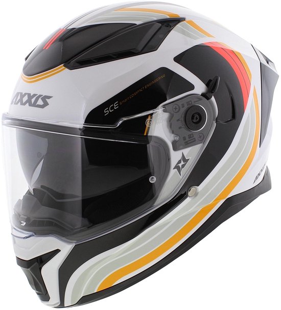 Witte motorhelm met zwart, geel, grijs en rode streepmotief. Axxis-logo op de zijkant. Doorzichtig vizier.